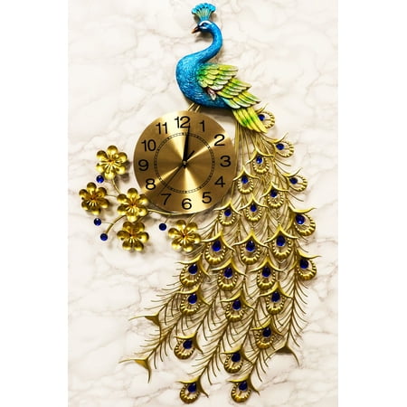 35H Large Peacock Bird Iris Train Colorful Gold Plated Metal Analog Wall Clock