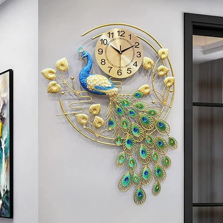 36.6 Large Peacock Wall Clock Crystal Decor, 3D Creative Luxury Wall Clock Silent Non-Ticking Battery Operated Living Room Decor Big Clock