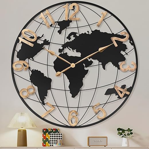 36 Inch Extra Giant Oversized Black Metal Wall Clock,Large Modern Decorative Silent World Map Wall Clock with Vintage Gold Arabic Numeral for Living Room,Entrance Fireplace,Dining Room Decor