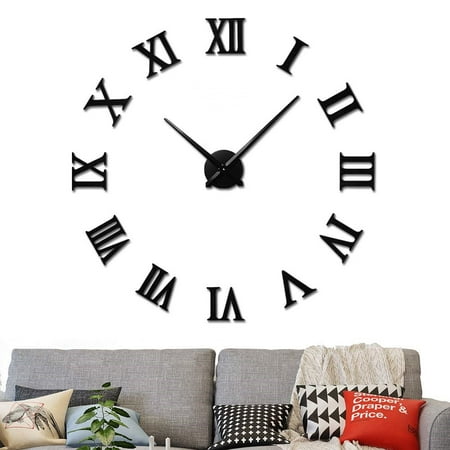 3D DIY Wall Clock, Giant Roman Numerals Clock Frameless Mirror Big Wall Clock Home Decoration for Living Room Bedroom