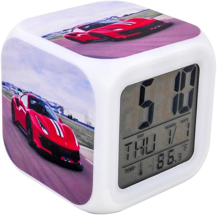 3＂Desk & Shelf Clock Ferrari Sports Car Red Digital Alarm Clock with Led Lights Plastic Table Clock for Kids Teenagers Adults Home/Office Decor