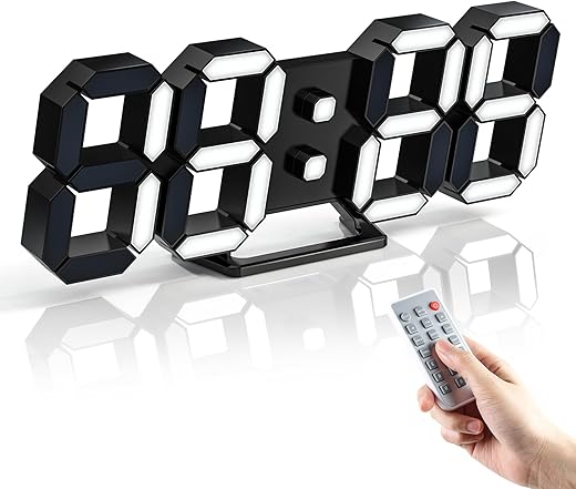 3D LED Digital Clock 9.7 Desk Alarm Clock Wall Clock, 12/24H, Date, Temp, Auto Dimmer, Remote Control, Nightlight Decor Gift Clock for Bedroom/Office/Bedroom/Kitchen/School/Gym Black