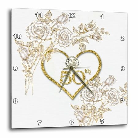 3dRose 50Th Golden Wedding Anniversary In Faux Gold Glitter Heart On White - Wall Clock, 10 By 10-Inch