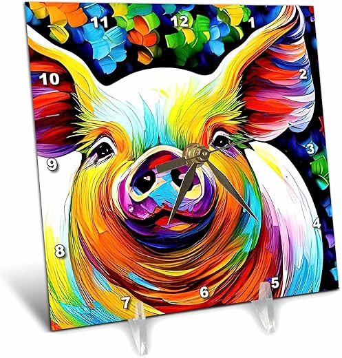 3dRose 6x6 Desk Clock - Chic Pig Colorful Digital Portrait. Funny Home, Office Decor, Gift Alexis Design - Animals Pig