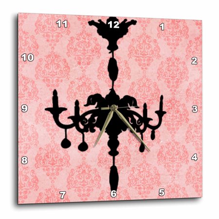 3dRose Black Chandelier Against A Pink Damask Background - Wall Clock, 10 by 10-inch