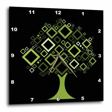 3dRose Contemporary Tree With Diamond Shaped Leaves In Green Against A Black Background - Wall Clock, 10 by 10-inch