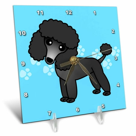 3dRose Cute Black Poodle Blue Paw Print Background, Desk Clock, 6 by 6-inch