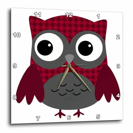 3dRose Cute Ruby Red Houndstooth Patterned Owl - Wall Clock, 13 by 13-inch