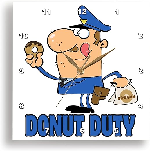 3dRose DPP_118656_1 Funny Cartoon Police Officer on Donut Duty Wall Clock, 10 by 10-Inch