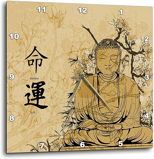 3dRose DPP_152985_1 A Brown Stained Buddha with Flowers & Oriental Writing Meaning Destiny & Luck Wall Clock, 10 by 10