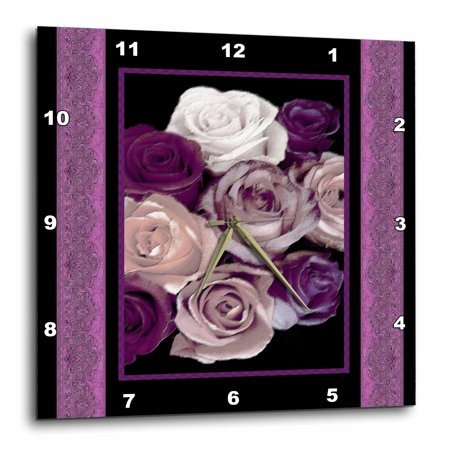 3dRose Dreamy hues of purple and pink roses with purple damask ribbon trim - Wall Clock, 10 by 10-inch