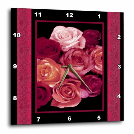 3dRose Dreamy Hues of Red Peach Pink Roses with Damask Ribbon Trim - Wall Clock, 10 by 10-Inches