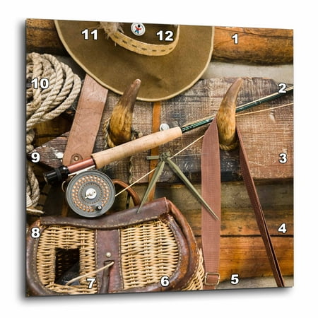 3dRose Montana. Fishing gear and hat, log cabin - US27 BJA0046 - Jaynes Gallery - Wall Clock, 10 by 10-inch