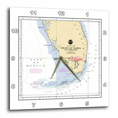 3dRose Print of Nautical Map Of South Florida With Flamingo - Wall Clock, 13 by 13-inch