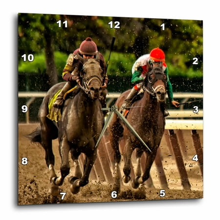 3dRose two horses and jockeys racing to finish line, mud flying. - Wall Clock, 13 by 13-inch