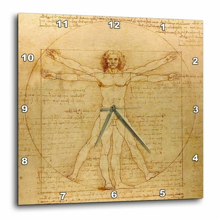 3dRose Vitruvian man by Leonardo da Vinci 1490 - fine anatomical art - human anatomy pen and ink drawing - Wall Clock, 13 by 13-inch