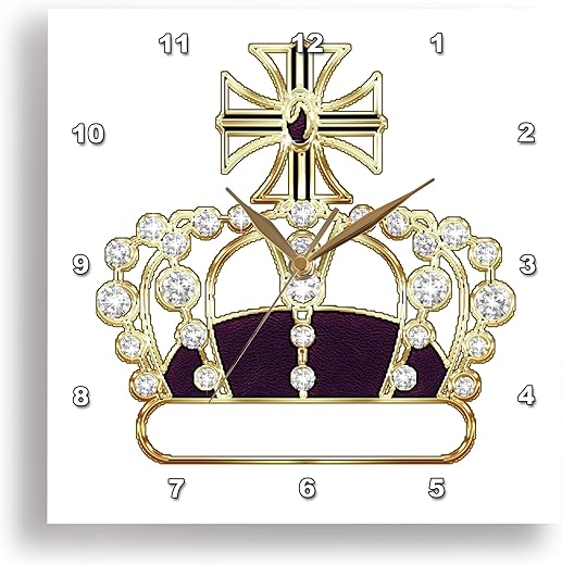 3D Rose Wall Clock Silent - 10 inch - Faux Gold, Purple, and Faux Diamond Royal Crown - Crowns