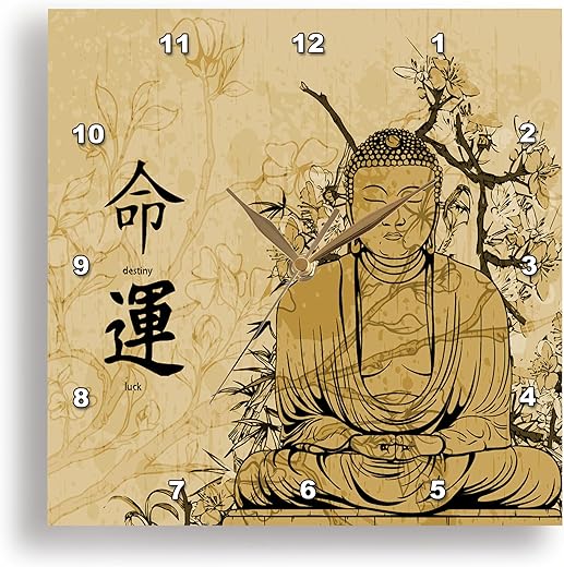 3dRose Wall Clock Silent - 13 inch - A Brown Stained Budda with Flowers and Oriental Writing Meaning Destiny and Luck - Oriental