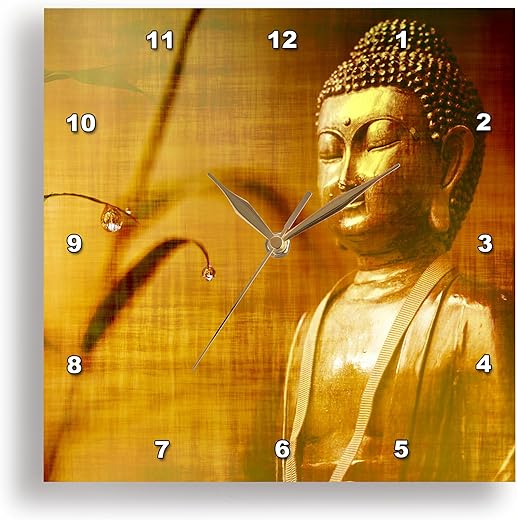 3dRose Wall Clock Silent - 15 inch - Golden Buddha with Asia Bamboo Zen Yoga Faith Religion - Buddha