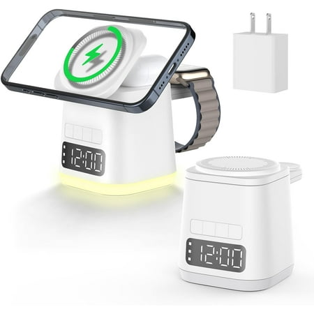 3 in 1 Charging Station & Alarm Clock & Night Light, iphone iwatch airpod wireless charging dock, magsafe phone watch charger stand, travel charger combo for apple & samsung multiple devices