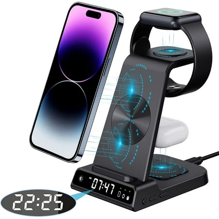 3 in 1 Wireless Charger, Charging Station with Clock for iPhone and Apple Multiple Devices, Black