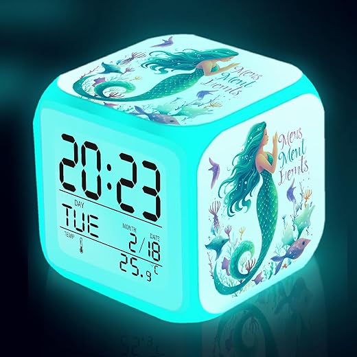 3inch Mermaid Kids Alarm Clock with 7 Colorful Light, Battery-Operated Desktop Mini Alarm Clock for Girl Bedroom Decor Study Travel Gift