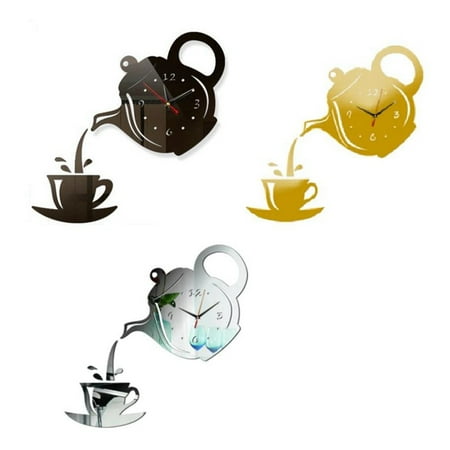 3PCS DIY Acrylic Coffee Cup Teapot 3D Wall Clock Decorative Kitchen Wall Clocks Living Room Dining Room Home Decor Clock