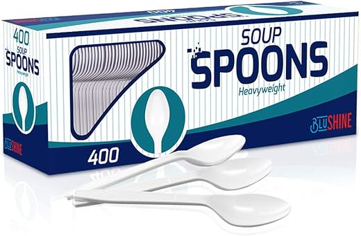 400 pack Extra Heavyweight Disposable White Plastic Soup Spoons -Heavy Duty White Cutlery-Utensils, Parties, Dinners, Catering Services, Family Gatherings