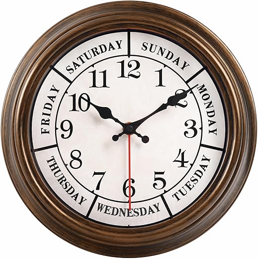 45MinST 12 Inches Retro Wall Clock,Day of The Week Wall Clock,Calendar Day Clock,Silent Non Ticking Battery Operated Movement(Bronze)