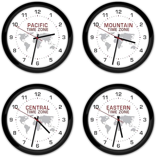 4 Time Zone Custom Wall Clocks - White, Black, World Globe Home Office Decor