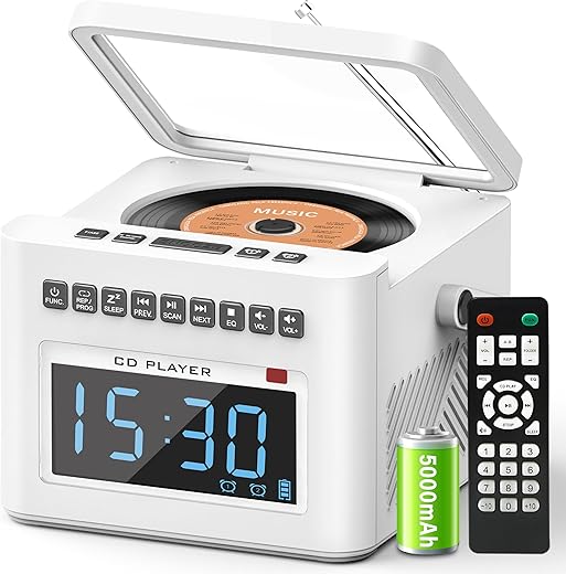 5000mAh Rechargeable CD Player Boombox with Alarm Clock and Time Display, Portable CD Player with Bluetooth Transmitter, Radio CD Player with Remote, AUX/TF/USB Drive for Home, Outdoor, Gift