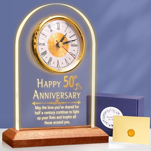 50th Anniversary Wedding Gift, Anniversary Quartz Clock, Desk Table Clock, 50 Years of Marriage, Golden Wedding for Couple, Parents, Grandparents (Wooden Base with LED Light)