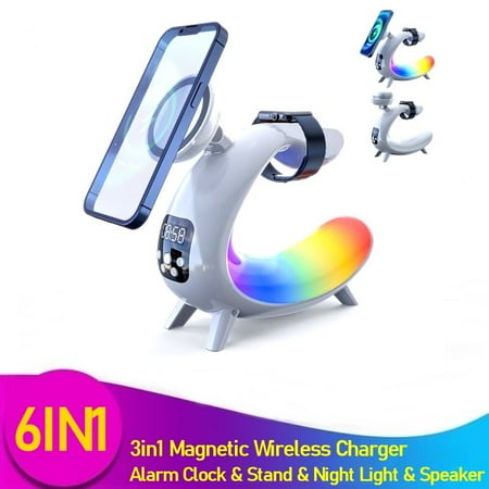 6IN1 Alarm Clock Magnetic Wireless Charger RGB Light With Speaker Stand for Iphone 15 14 13 12 11 Pro MAX For airpods For Apple Watch