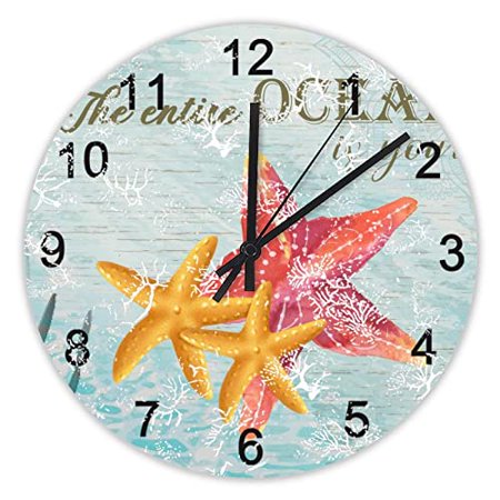 8x8inch Starfish Seaweed Wall Clock Sea Ocean Life Coastal Beach Tropical Theme Silent Non-Ticking Wooden Wall Clocks Battery Operated - Rustic Decorative for Kitchen Nursery Kids Bedroom Made in USA