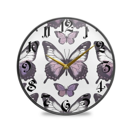 9.5 Round Silent Wall Clocks Purple Butterfly Acrylic Battery Operated Clock Non-Ticking Clocks Bedroom Living Room Home Decorative