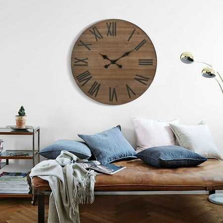 ABBSR 24in. Round Wood Wall Clock with Roman Numerals,Silent Non-ticking Decorative Brown Hang on Clock