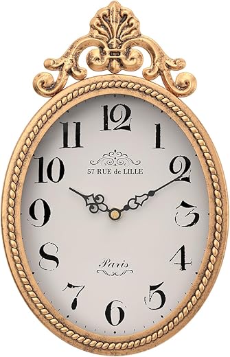 Abdurey Small French Retro Decorative Wall Clock, Antique Gold Vintage Oval Style,Silent Battery Operated Boho Decor Wall Clocks for Farmhouse,Kitchen,Bedroom,Bathroom(10.4 H x 6.7 W)