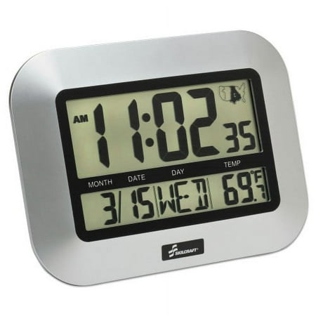 AbilityOne 6645016611877 SKILCRAFT LCD Digital Radio-Controlled Clock, 7.25 x 9.75, Silver Case, 2 AAA (sold separately)