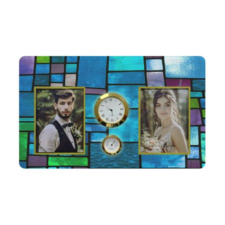 ABPHQTO Multicolored Stained Glass Window Irregular Block Family Couple Photo Picture Frame with Clock and Thermometer for Wall Hanging and Tabletop Display