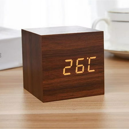 Accaprate Wooden LED Clock Square Cube Alarm Timer Calendar Updated 2016 Brighter Stylish Wood Clock Limited Time Deals Today