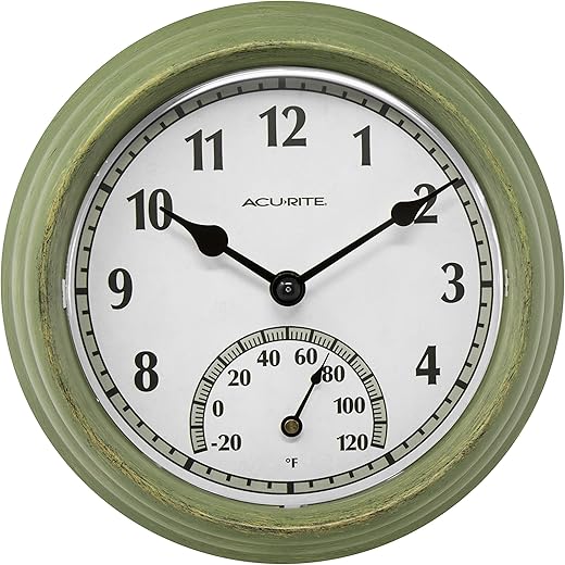 AcuRite 02470 Rustic Green Outdoor Clock with Thermometer, 8.5