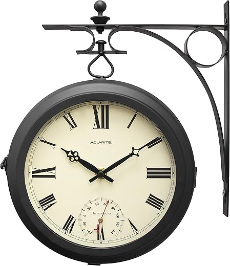 AcuRite 9-Inch Indoor/Outdoor Double-Sided Hanging Clock with 360-Degree Spin Functionality, Iron Metal Frame, Glass Lens, Quartz Crystal Movement, Weatherproof and Premium Thermometer (75140M),Black