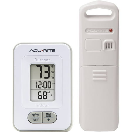 AcuRite Battery-Powered Indoor/Outdoor Digital Thermometer with Clock, White, 3.5 H x 2.3 W x 1.2 D