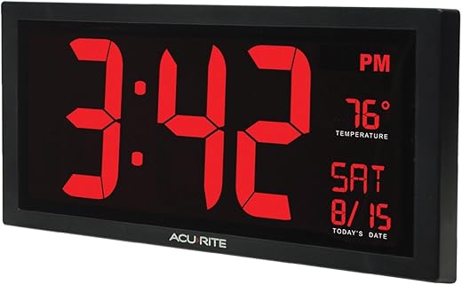 AcuRite Large Digital LED Oversized Wall Clock with Date, Temperature and Fold-Out Stand, 18-Inch, Red