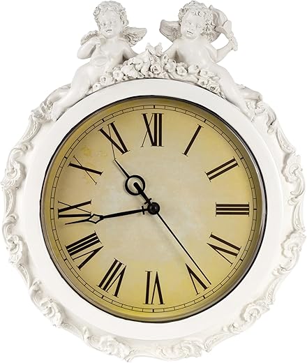 AELS 11.4x9.7 Inch Vintage Wall Clock, Angel Ornated European Style Decorative Retro Wall Clock, Quality Quartz Battery Operated Hanging for Living Room Bedroom Office Décor, Distressed White