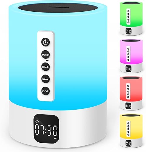 AFEXOA Night Light Bluetooth Speaker, Kids Alarm Clock with Sound Machine, 48 Colours Changing Touch Control Bedside Lamp, Dimmable, White Noise, Gifts for Teen Boys Girls 10-16