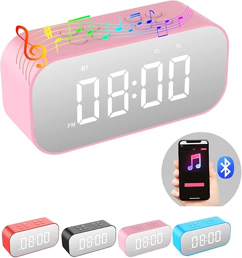 AFK Alarm Clock for Bedroom/Office,Small Digital Clock with Bluetooth Speaker,Desk Clock with Dual Alarms,Snooze,Mirror LED Display,Hands-Free Calling for Girls/Adults.(12H Format,Pink)