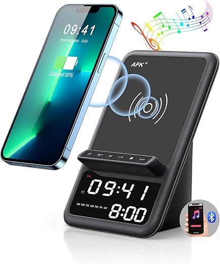 AFK Wireless Charging Station with Bluetooth Speaker and Alarm Clock, 4 in 1 Wireless Charger Compatible with iPhone15 14 13 12 11 Pro Max Series,Samsung Series and Other Android Phones(Black)