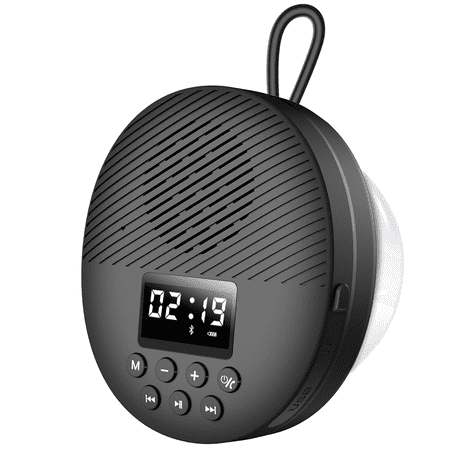 AGPTEK Shower Radio Speaker with Bluetooth 5.0, Waterproof Wireless Bathroom FM with Suction Cup 12H Long Playback Time, Lanyard, LCD Screen Display, Handsfree Calling, Storage Card Playback Black