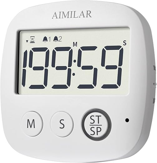 AIMILAR Digital Timer with Alarm Clock - Countdown Kitchen Cooking Timer, Big Digits, Magnetic, Stand, Hang, for Oven Baking Kids Teacher Study Games Office Gym Exercise White